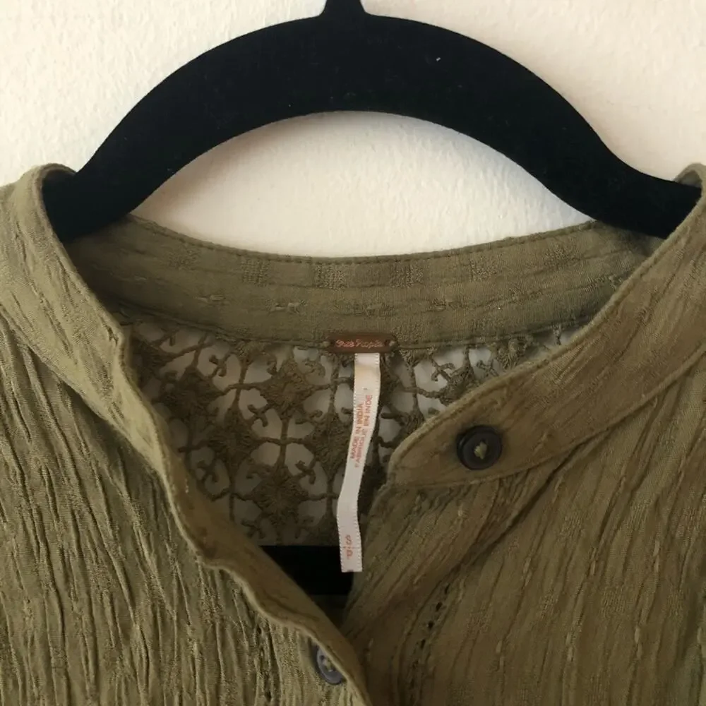 Free People The Best Crochet Back Olive Green Button Up Blouse
